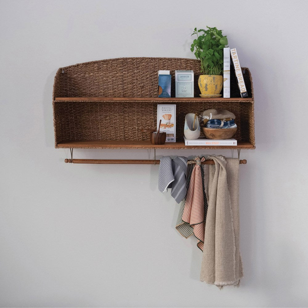 Woven Bankuan & Wood Wall Shelf w/ 2 Shelves & Removable Rod