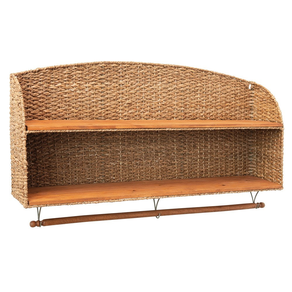 Woven Bankuan & Wood Wall Shelf w/ 2 Shelves & Removable Rod