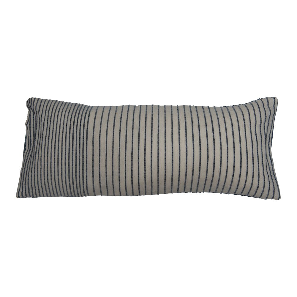 Woven Wool & Cotton Lumbar Pillow with Stripes, Blue & White