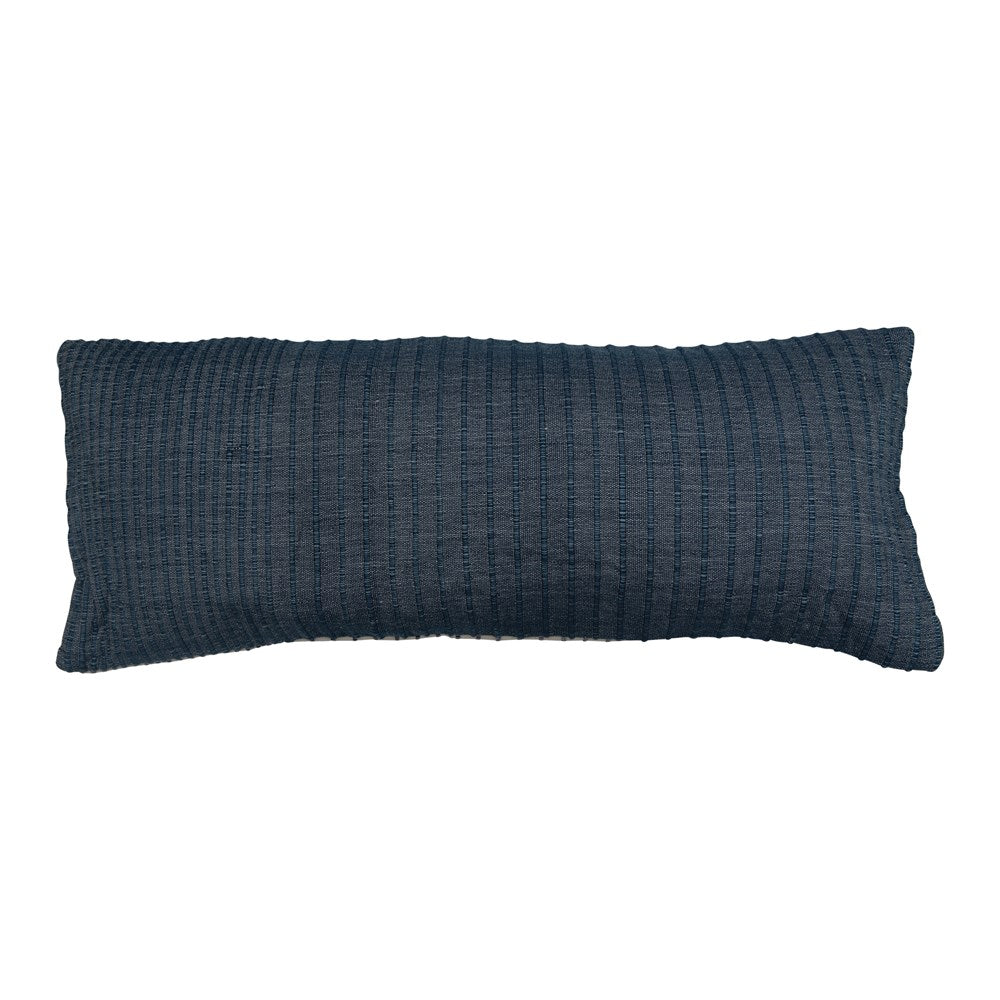 Woven Wool & Cotton Lumbar Pillow with Stripes, Blue & White