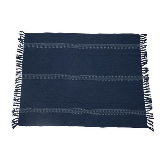 Woven Recycled Cotton Blend Throw with Stripe & Fringe, Blue & White