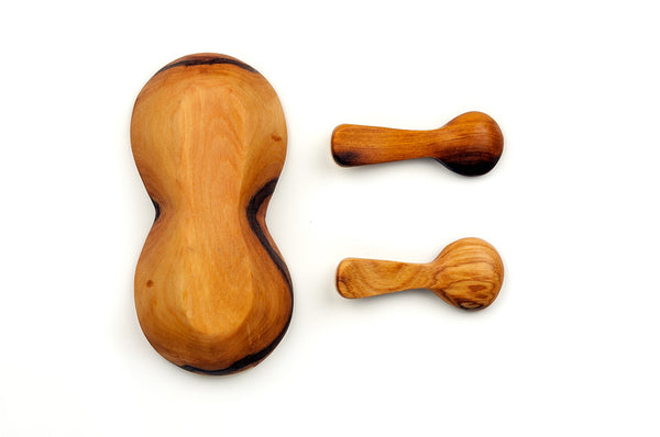 Double Wild Olive Wood and Bone Spice Bowl with Spoons