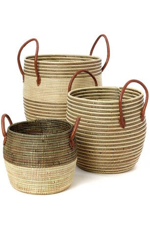 Mixed Stripe Baskets with Leather Handles- Small