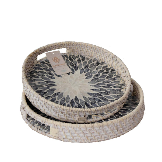 Round Rattan Tray With Nacre Base-White Rattan Small