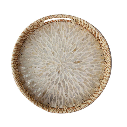 Round Rattan Tray With Nacre Base- Small